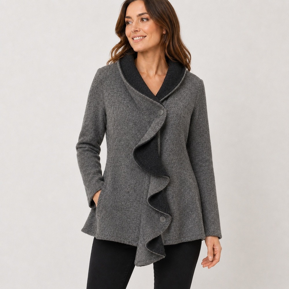 Rosie Neira Anthropologie Grey 100% Wool Ruffle Front Cardigan Sweater Small